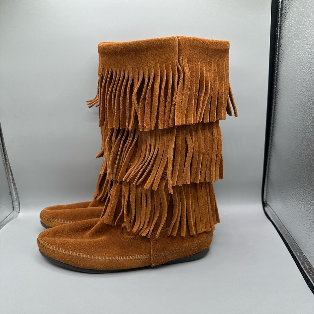 Minnetonka Triple Fringe Suede Moccasin Boots - Chestnut - Picture 6 of 11